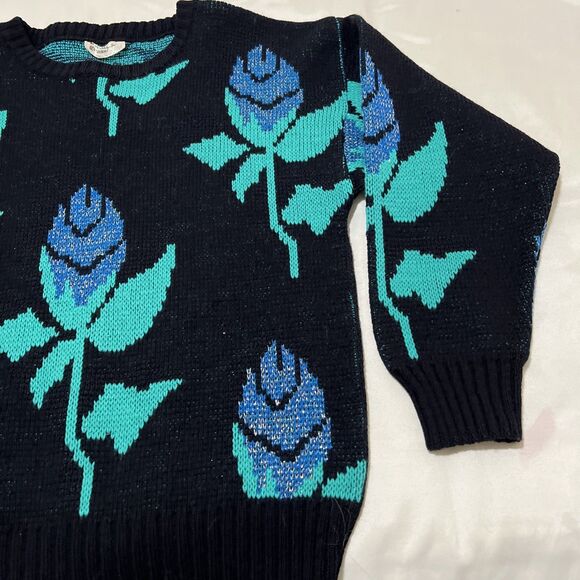 Vintage whimsigoth sweater black Turquoise floral ITALY Acrylic Oversized S - Picture 5 of 9